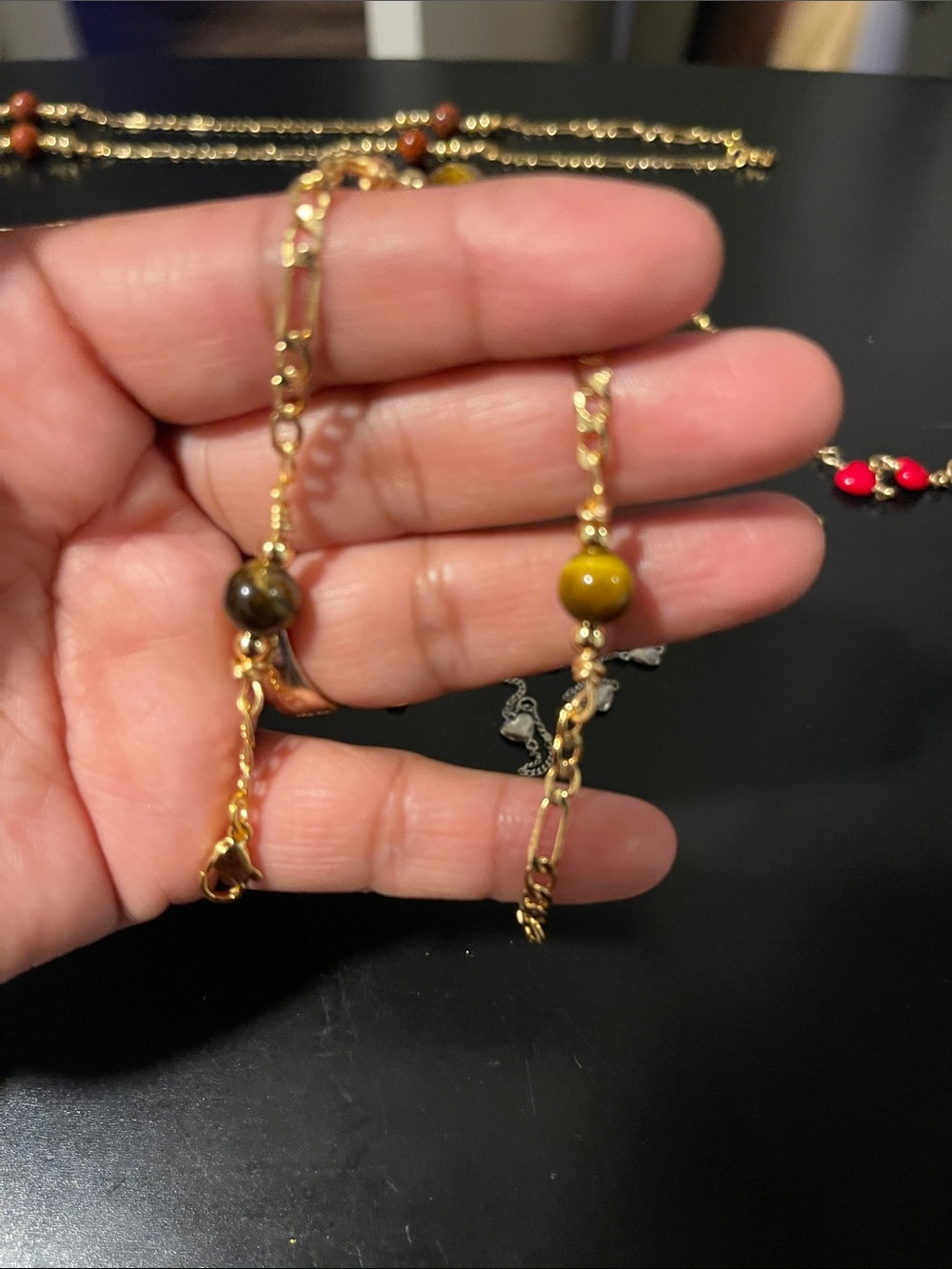 Gold-Tone Bracelet with Olive and Brown eye tiger natural Beads